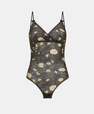 Momoni Bodys Et Nuisettes*BODY TORE EN NYLON IMPRIMÉ - NOIR/ROSE POUDRÉ Noir/RosePoudré