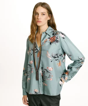 Momoni Chemises Et Blouses*CHEMISIER ARLES EN SERGÉ DE SOIE IMPRIMÉ - BLEU CLAIR/TABAC LightBlue/Tobaco