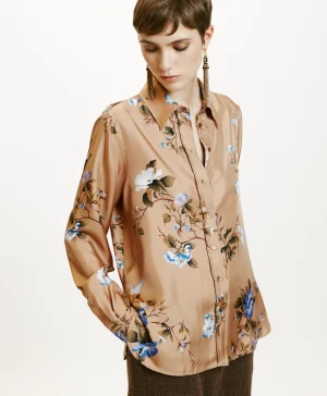 Momoni Chemises Et Blouses*CHEMISIER ARLES EN SERGÉ DE SOIE IMPRIMÉ - Tabac/Bluette