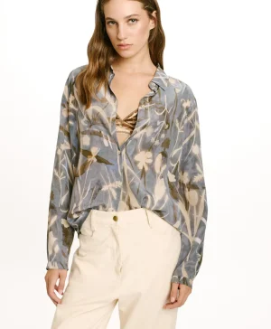 Momoni Chemises Et Blouses*CHEMISIER MEUDON EN CRÊPE DE CHINE IMPRIMÉ - BLEU POUSSIÉREUX/CRÈME BleuPoussiéreux/Crème