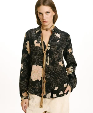 Momoni Chemises Et Blouses*CHEMISIER MEUDON EN CRÊPE DE CHINE IMPRIMÉ - NOIR/ROSE POUDRÉ Noir/RosePoudré