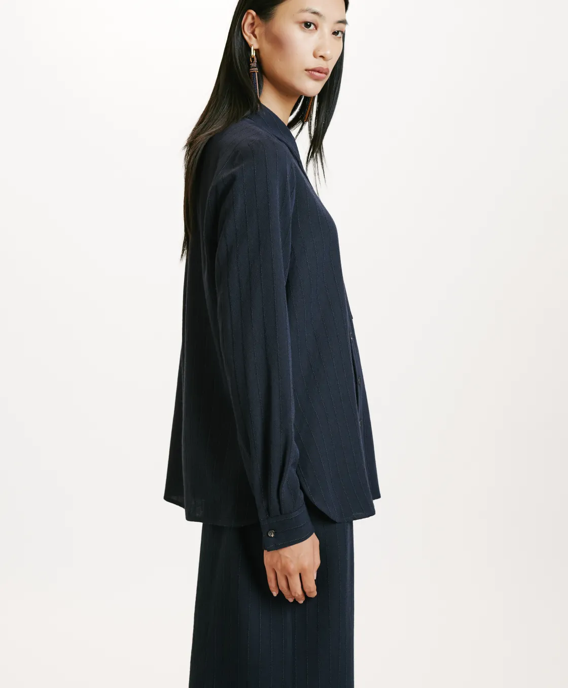 Momoni Chemises Et Blouses*CHEMISIER SADAO EN SERGÉ DE LAINE RAYÉ - Bleu