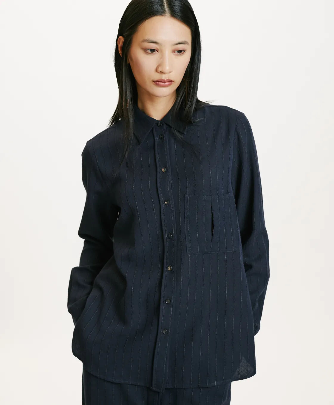 Momoni Chemises Et Blouses*CHEMISIER SADAO EN SERGÉ DE LAINE RAYÉ - Bleu