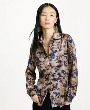 Momoni Chemises Et Blouses*CHEMISIER SIMON EN SATIN STRETCH IMPRIMÉ - Boue/Bleu