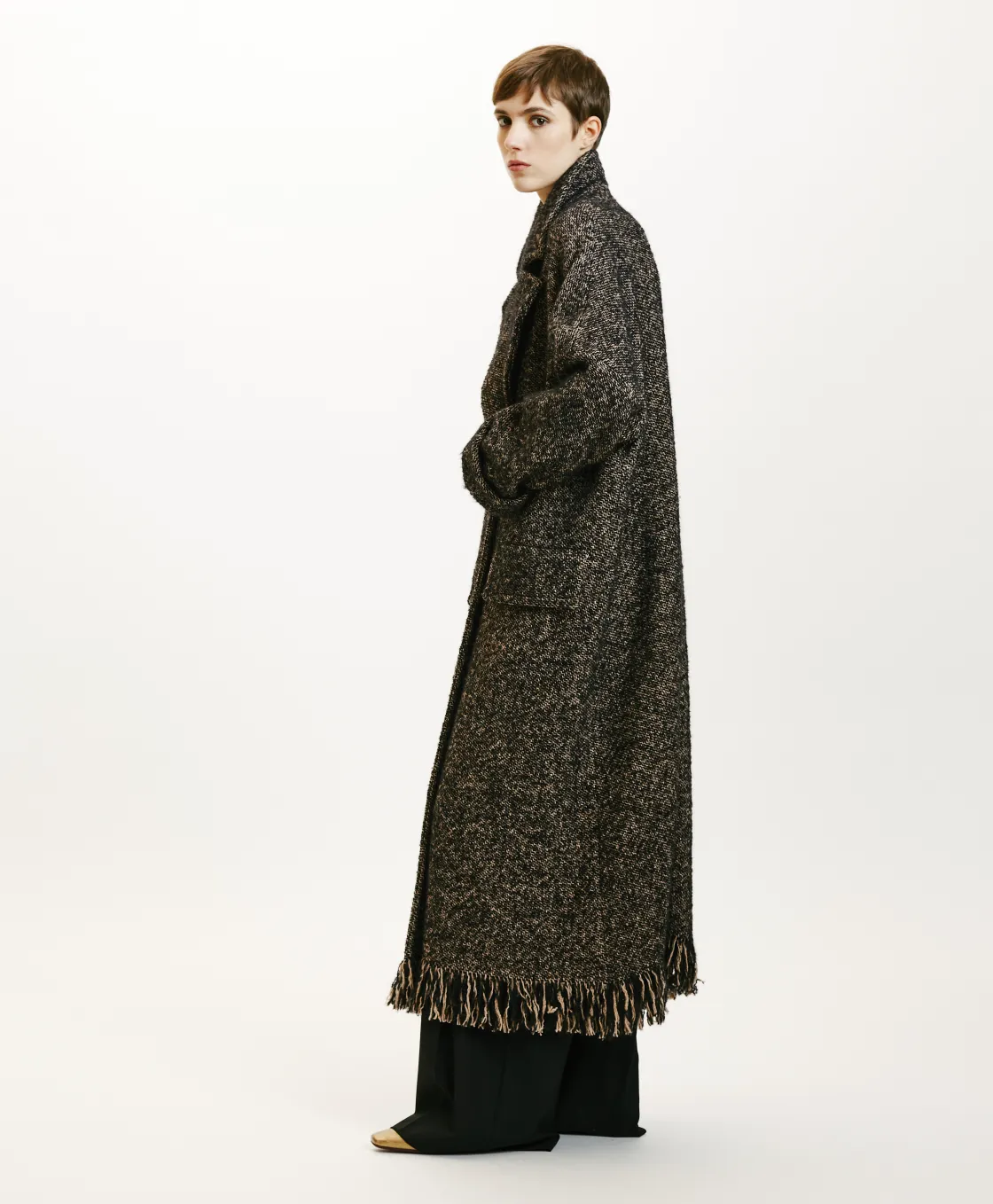 Momoni Manteaux*MANTEAU DORAYAKI EN NATTE LAINE ALPAGA À FRANGES - Noir/Écru