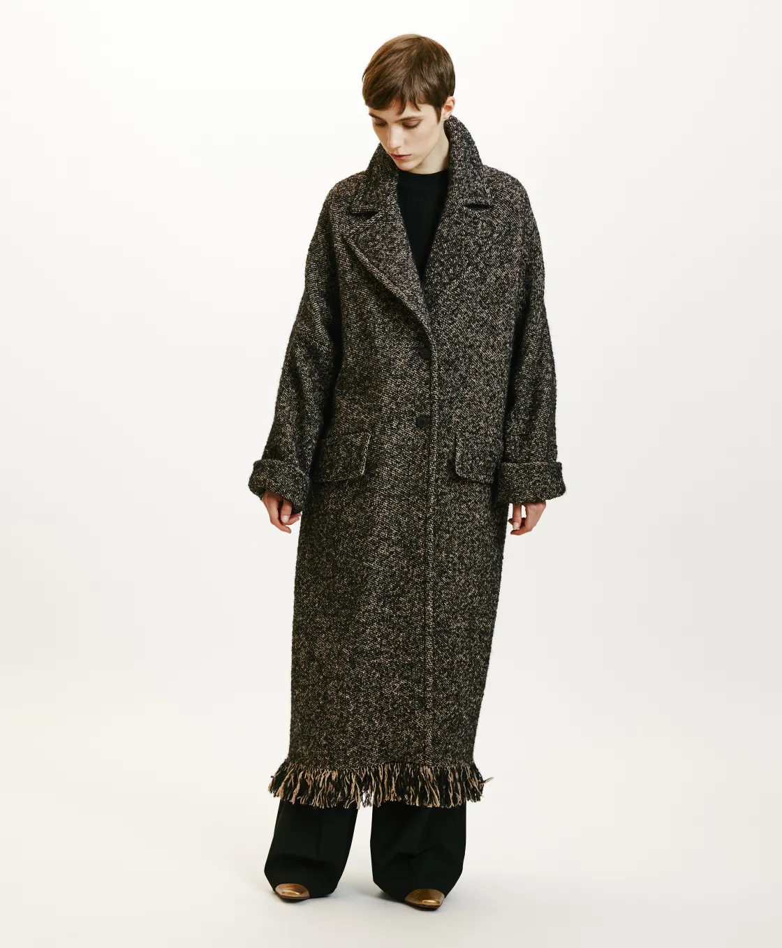 Momoni Manteaux*MANTEAU DORAYAKI EN NATTE LAINE ALPAGA À FRANGES - Noir/Écru