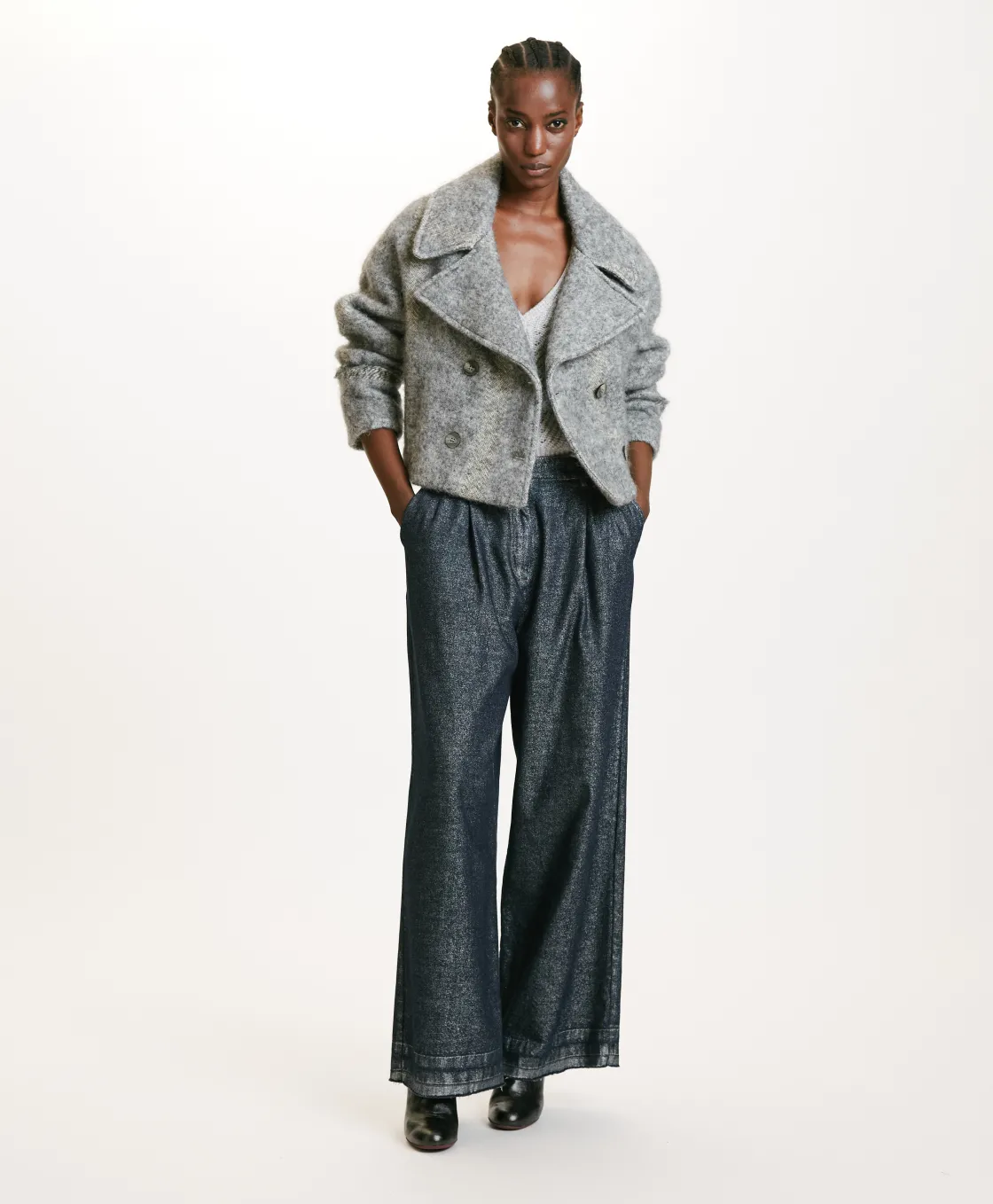 Momoni Manteaux*MANTEAU KENPI EN PANNE LAINE ALPAGA EN GAZE - Gris