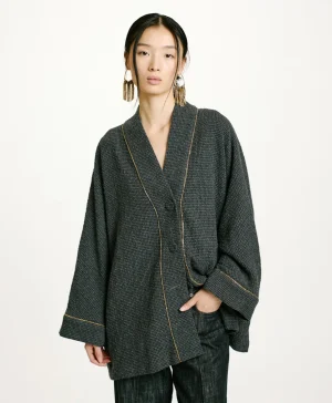 Momoni Manteaux*MANTEAU TARA EN PIED-DE-POULE SEERSUCKER - Noir/Anthracite