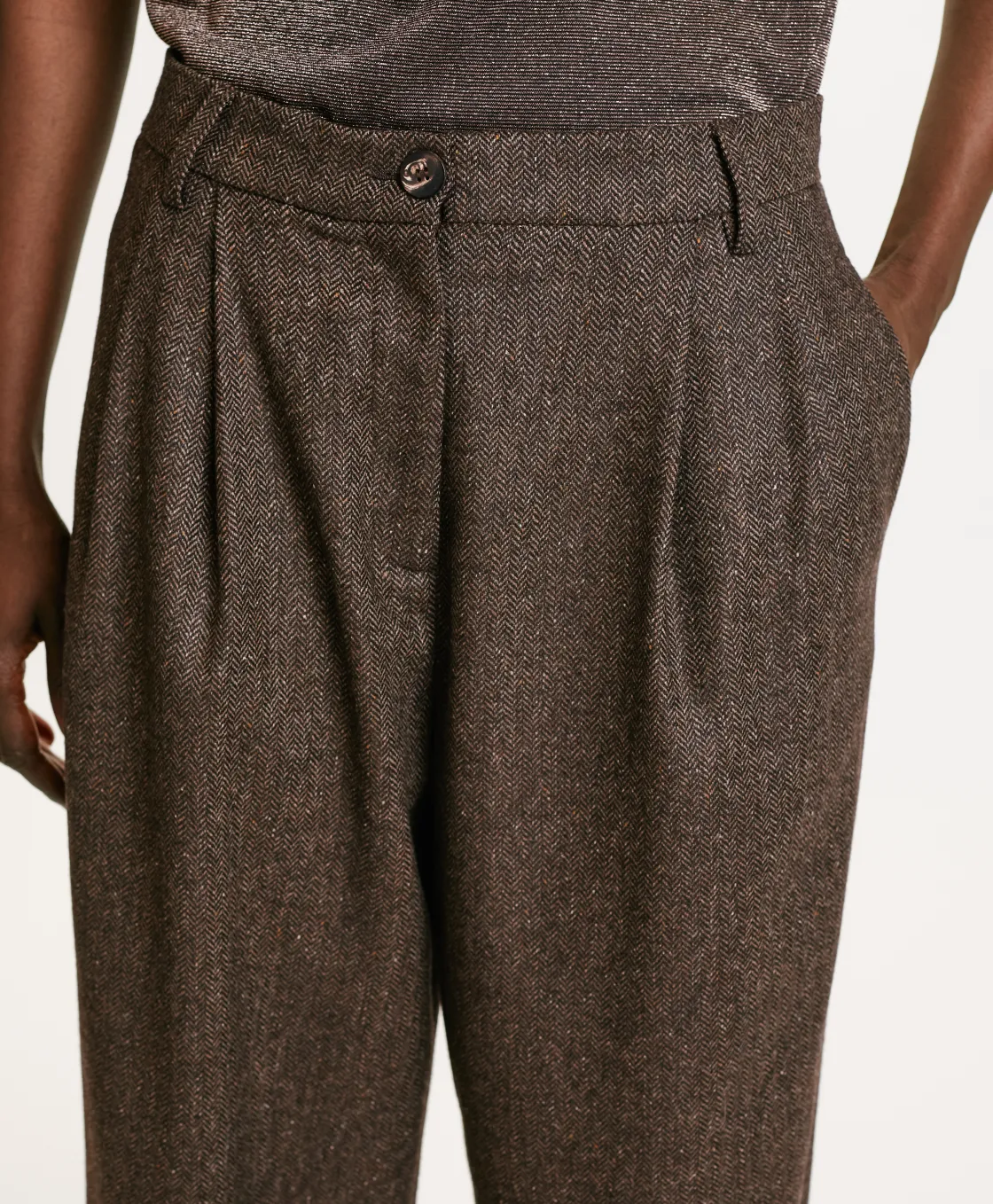 Momoni Pantalons*PANTALON ADAM EN CHEVRON MÉLANGE LAINE BICOLORE - Acajou/Amande