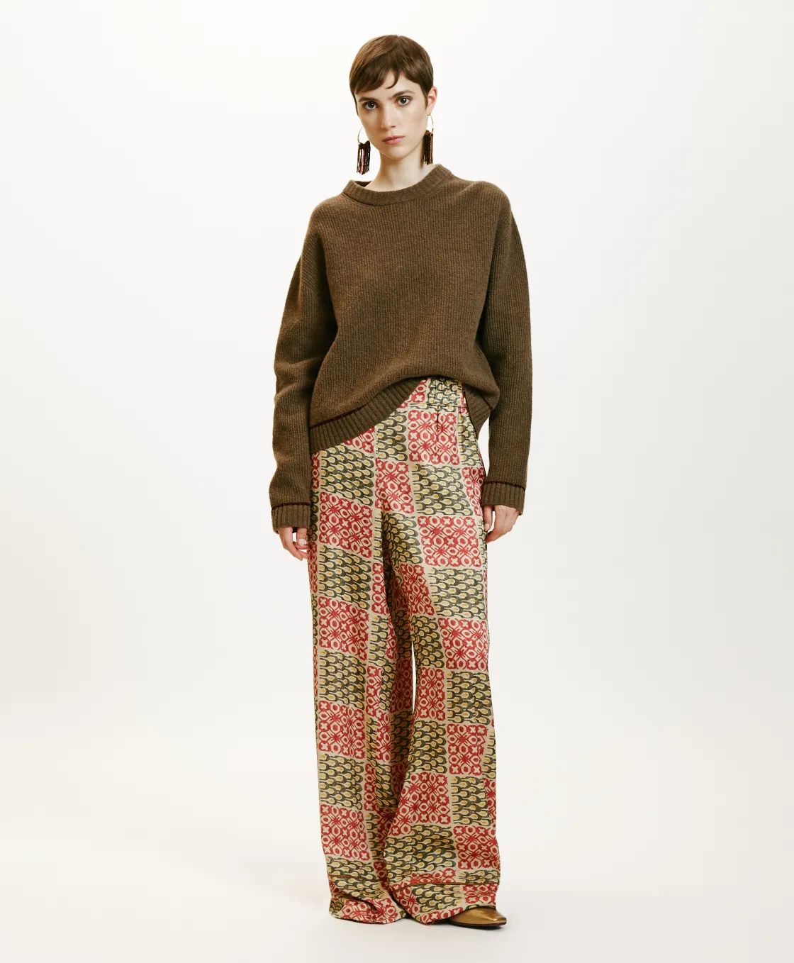 Momoni Pantalons*PANTALON DAIKI EN VISCOSE JACQUARD IMPRIMÉE - Militaire/Corail