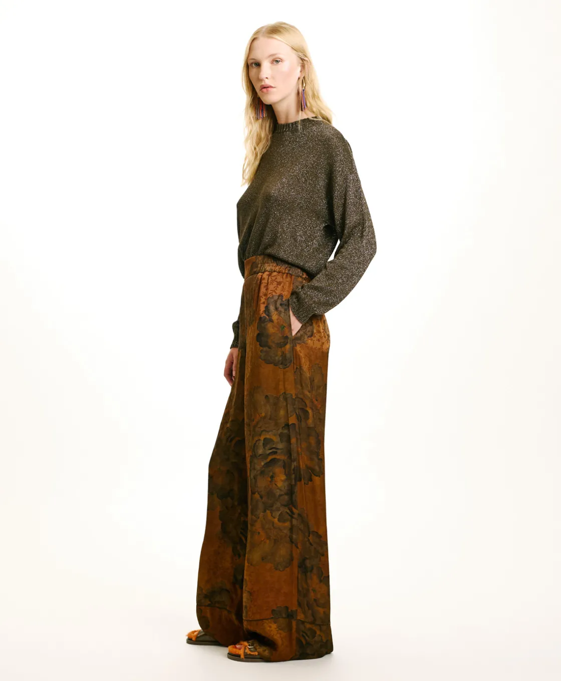 Momoni Pantalons*PANTALON DAIKI EN VISCOSE JACQUARD IMPRIMÉE - Tabac/Olive