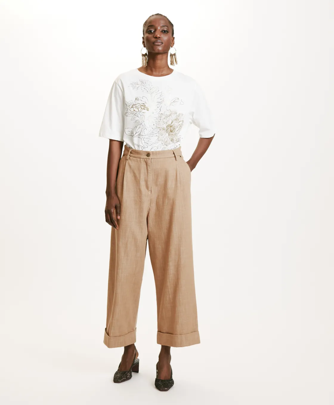 Momoni Pantalons*PANTALON GRECALE EN DENIM COULEUR FERME - Amande