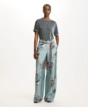 Momoni Pantalons*PANTALON SANSEI EN SERGÉ DE SOIE IMPRIMÉ - BLEU CLAIR/TABAC