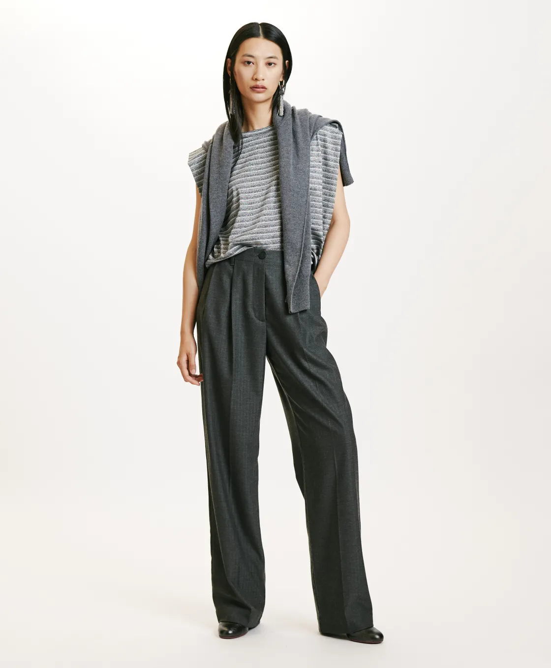 Momoni Pantalons*PANTALON SORAI EN CHEVRON VISCOSE LAINE STRETCH - GRIS CHARBON GrisCharbon