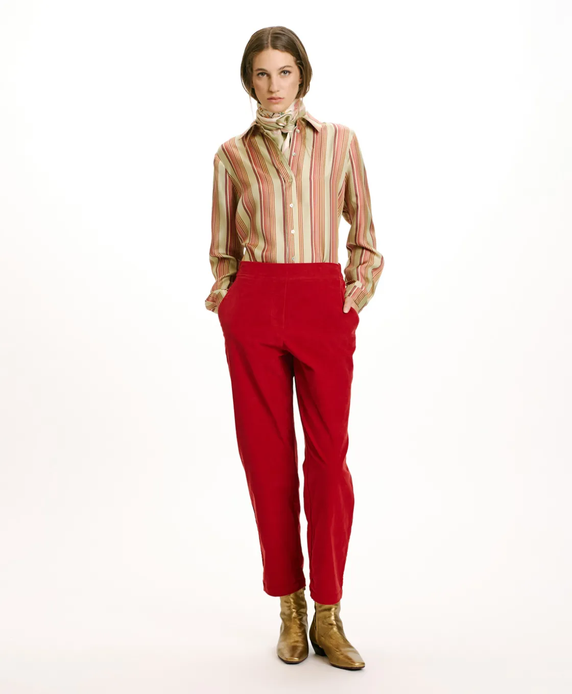 Momoni Pantalons*PANTALON YOKO EN VELOURS MILLERAIE STRETCH - ROUGE CARMIN RougeCarmin