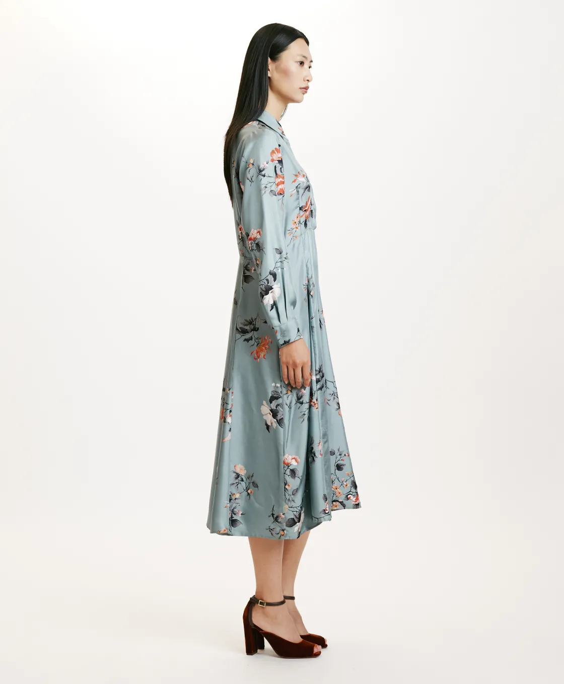 Momoni Robes*ROBE CHIBA EN SERGÉ DE SOIE IMPRIMÉ - BLEU CLAIR/TABAC LightBlue/Tobaco