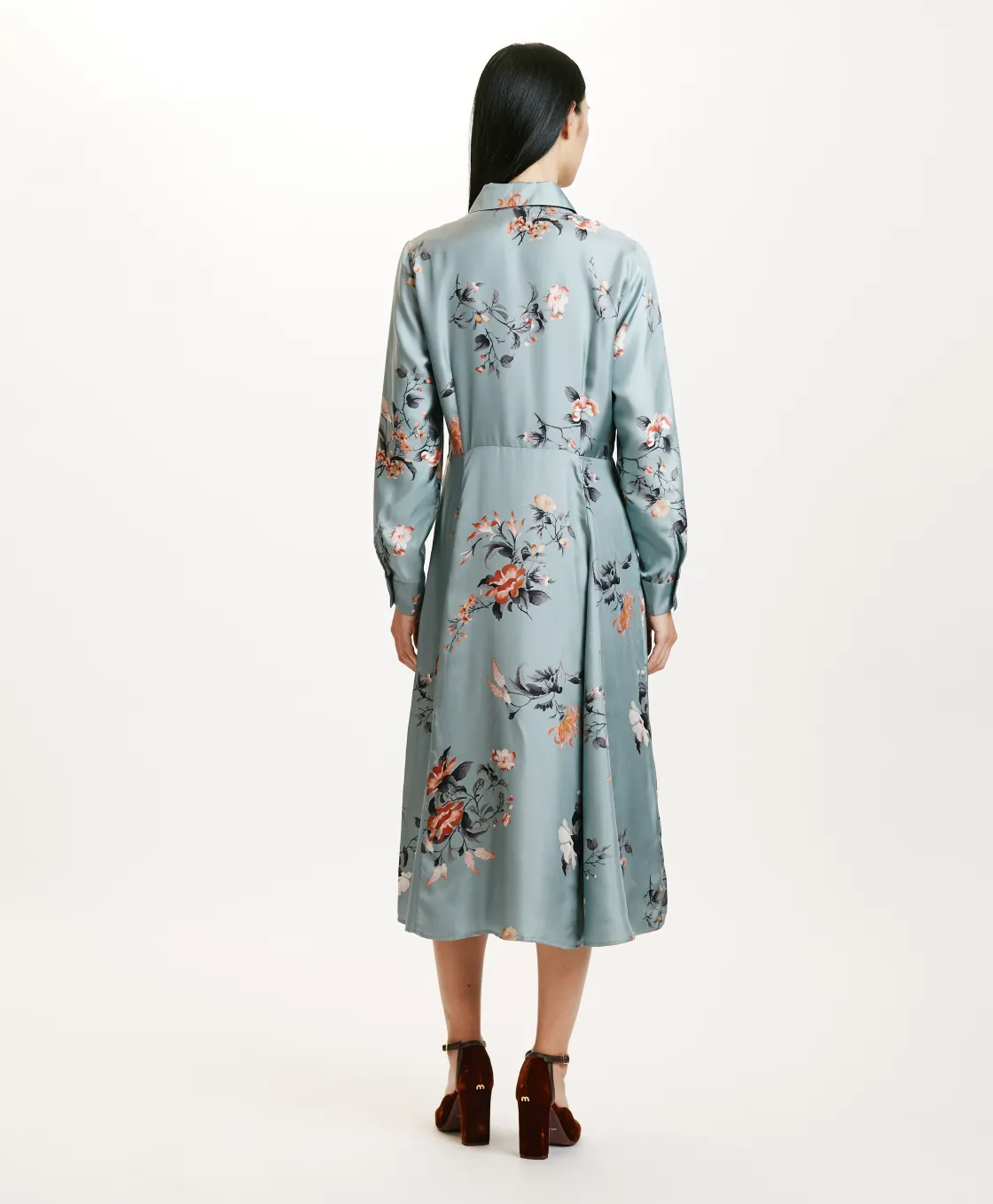 Momoni Robes*ROBE CHIBA EN SERGÉ DE SOIE IMPRIMÉ - BLEU CLAIR/TABAC LightBlue/Tobaco