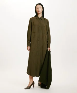 Momoni Robes*ROBE HANA EN SERGÉ DE LAINE RAYÉ - VERT MILITAIRE VertMilitaire