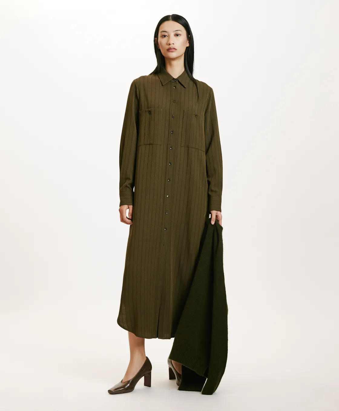 Momoni Robes*ROBE HANA EN SERGÉ DE LAINE RAYÉ - VERT MILITAIRE VertMilitaire