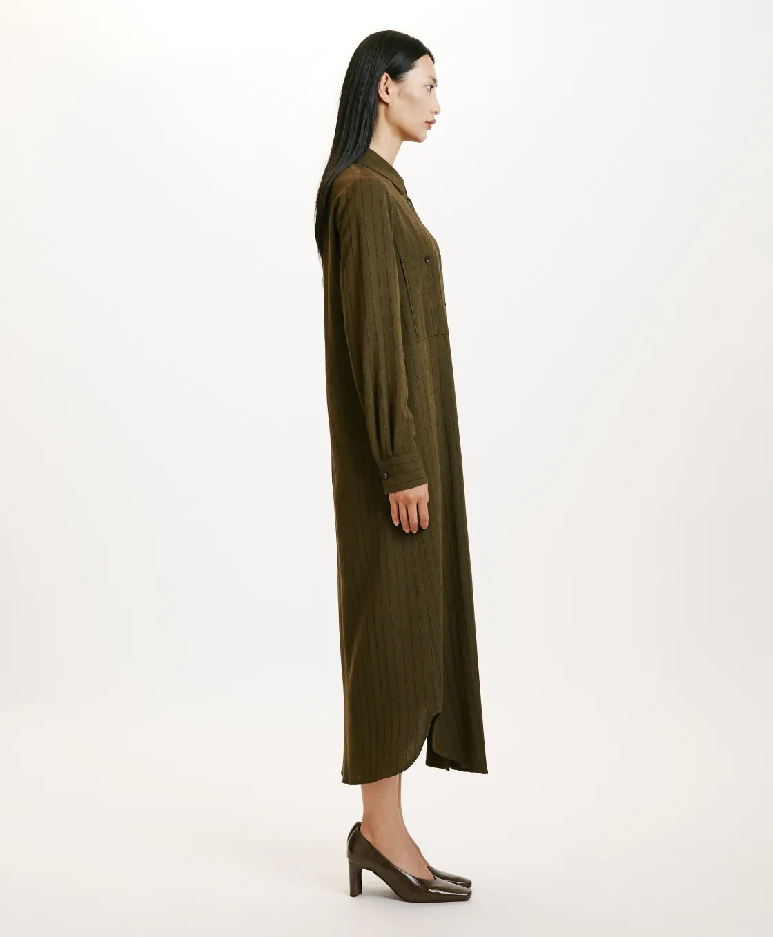 Momoni Robes*ROBE HANA EN SERGÉ DE LAINE RAYÉ - VERT MILITAIRE VertMilitaire