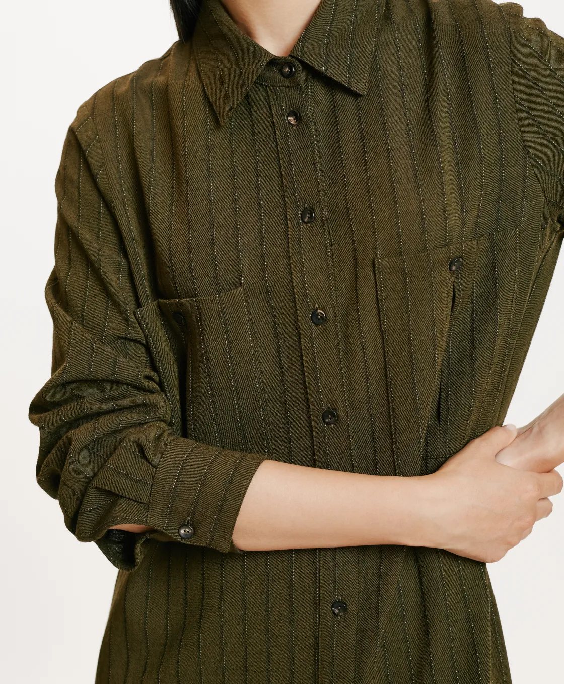 Momoni Robes*ROBE HANA EN SERGÉ DE LAINE RAYÉ - VERT MILITAIRE VertMilitaire