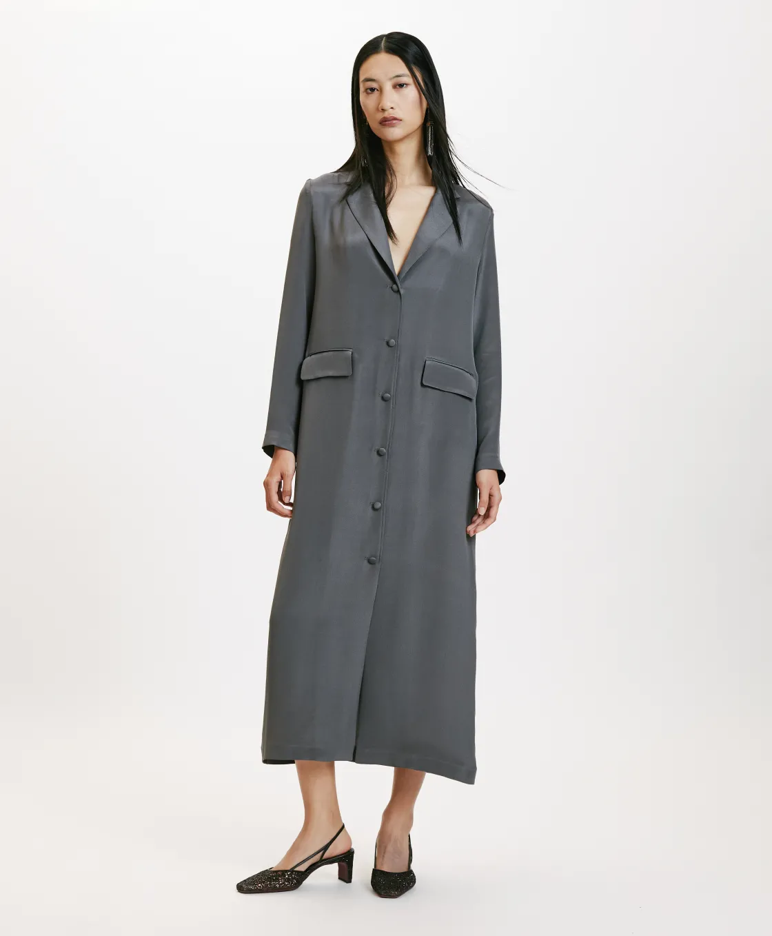 Momoni Robes*ROBE KIKU EN MÉLANGE DE SOIE CRÊPE - GRIS LAPIS GrisLapis