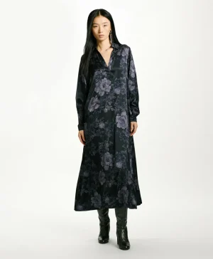 Momoni Robes*ROBE KIKYO EN SATIN STRETCH IMPRIMÉ - BLEU/BLEU NUIT