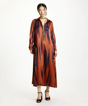 Momoni Robes*ROBE KIKYO EN SATIN STRETCH IMPRIMÉ - ROUILLE/ENCRE