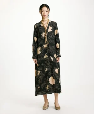 Momoni Robes*ROBE NAO EN CRÊPE DE CHINE IMPRIMÉ - NOIR/ROSE POUDRÉ Noir/RosePoudré