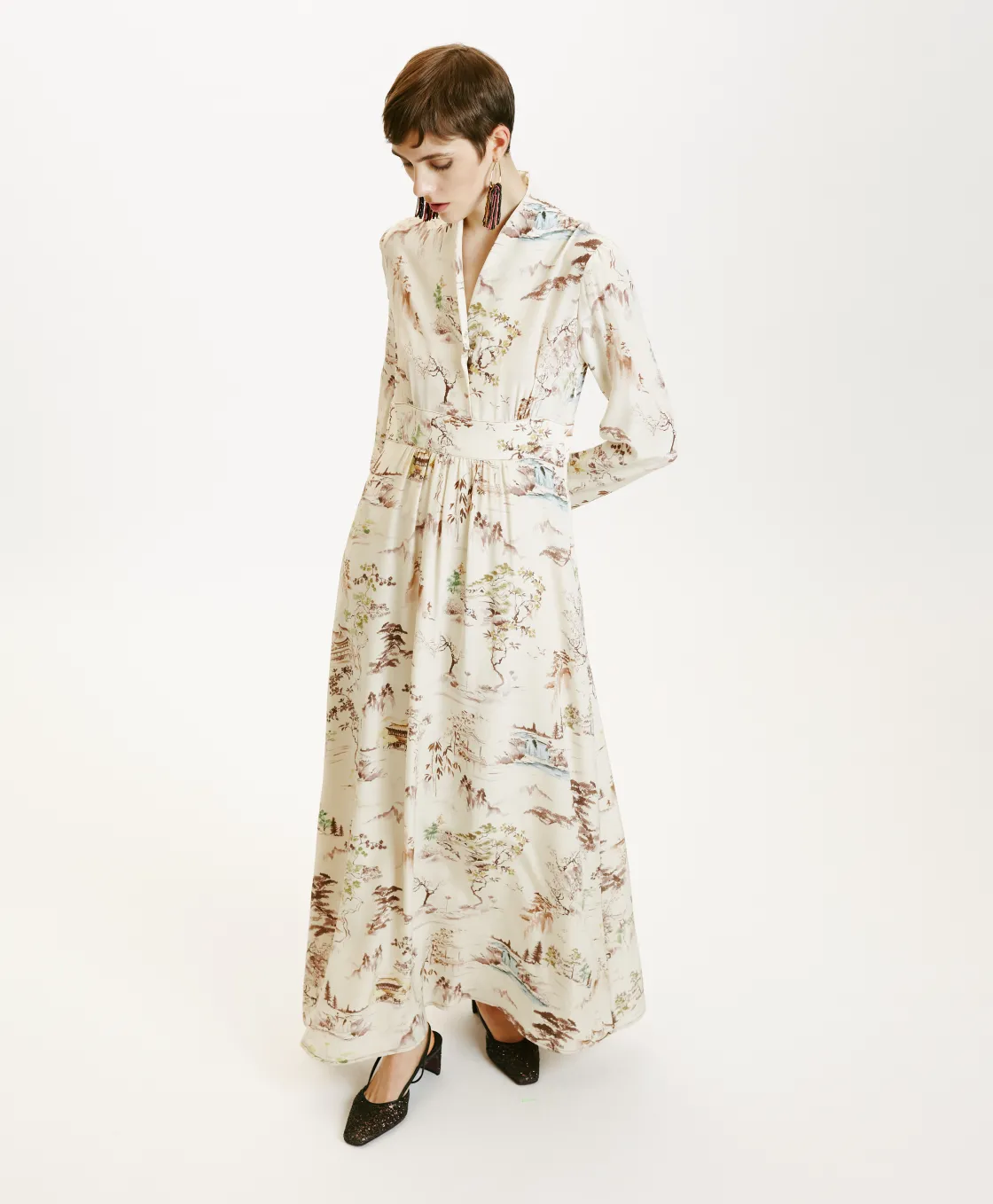 Momoni Robes*ROBE SUITA EN CRÊPE DE CHINE IMPRIMÉ - CRÈME/TABAC Crème/Tabac