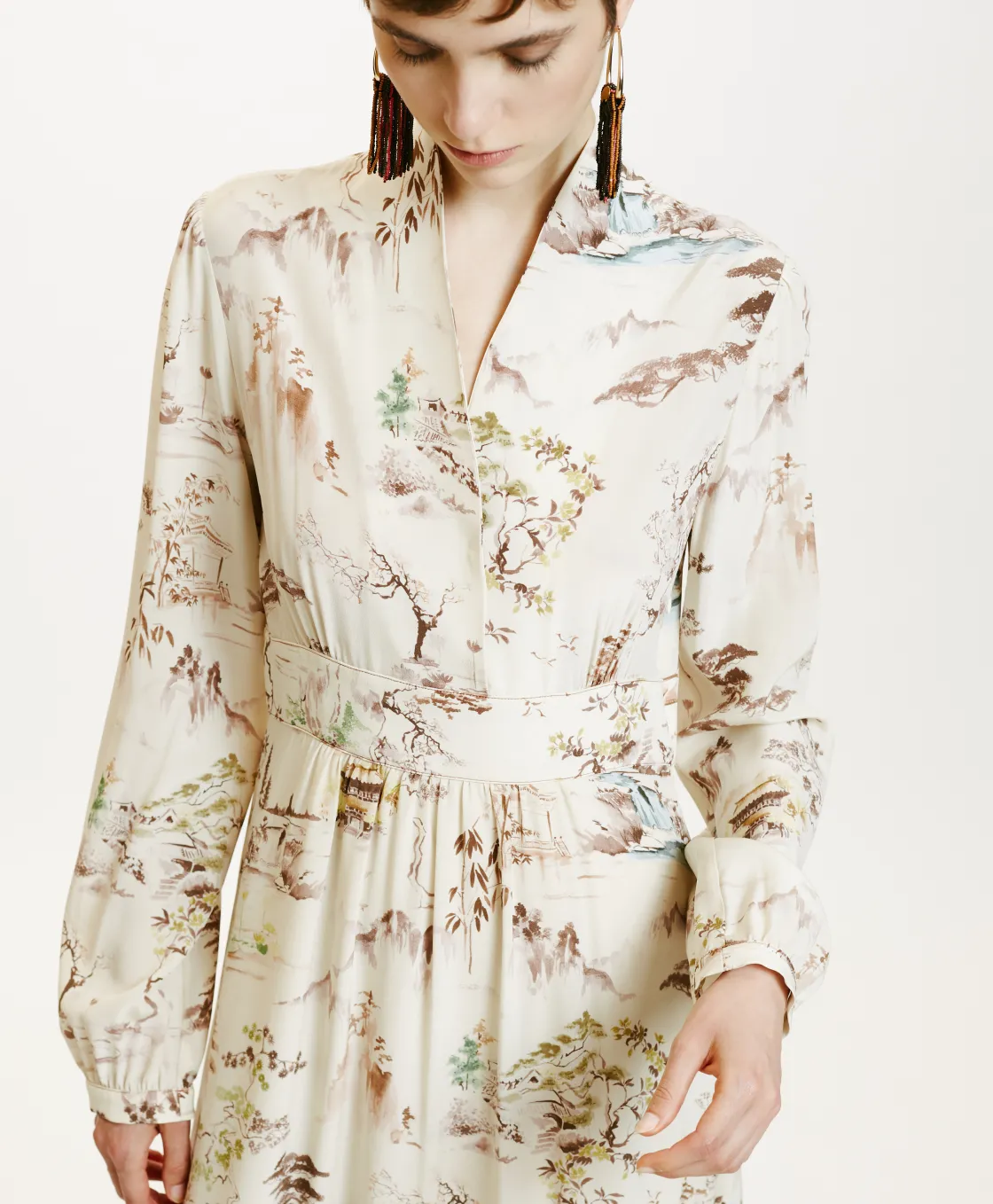 Momoni Robes*ROBE SUITA EN CRÊPE DE CHINE IMPRIMÉ - CRÈME/TABAC Crème/Tabac