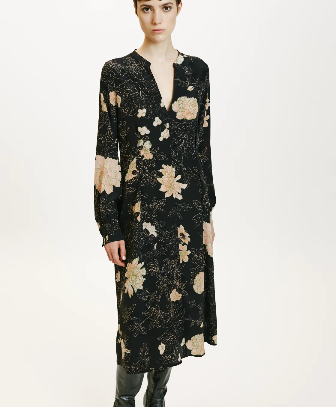 Momoni Robes*ROBE WANI EN CRÊPE DE CHINE IMPRIMÉ - NOIR/ROSE POUDRÉ Noir/RosePoudré