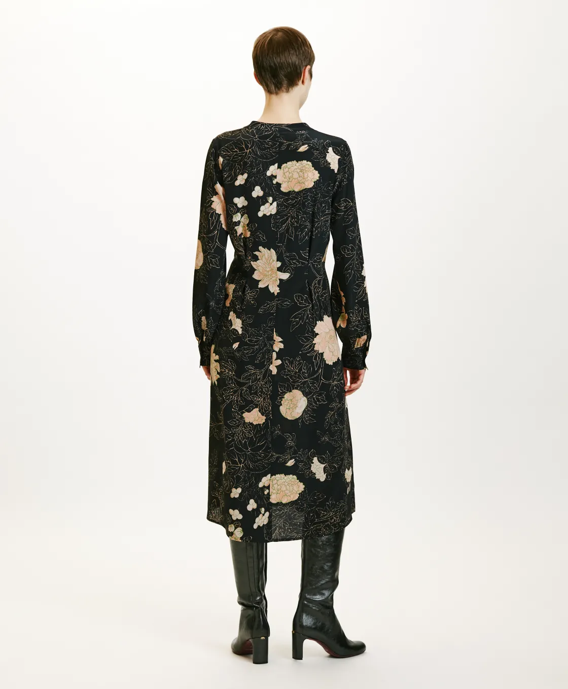 Momoni Robes*ROBE WANI EN CRÊPE DE CHINE IMPRIMÉ - NOIR/ROSE POUDRÉ Noir/RosePoudré