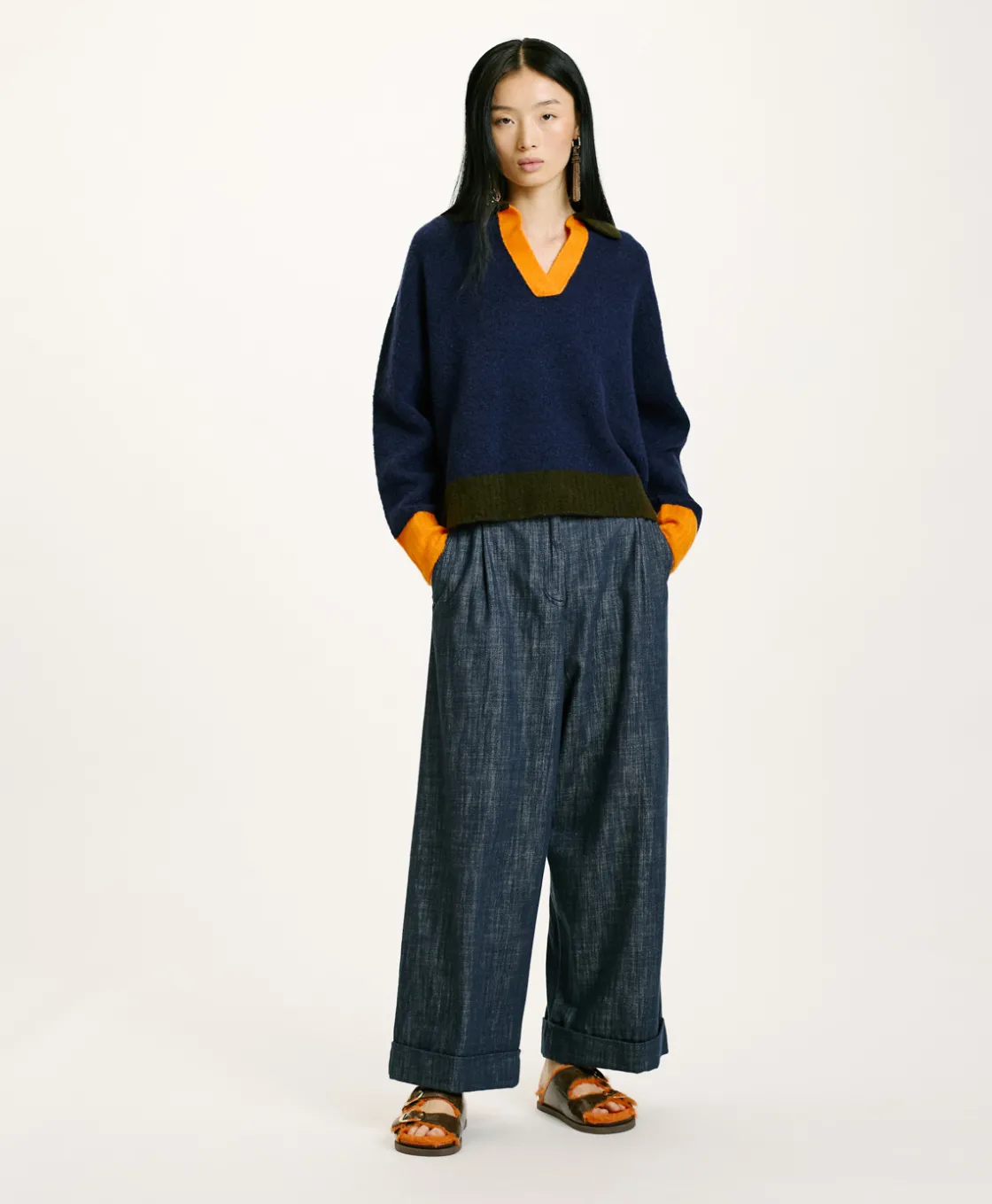 Momoni Mailles*TRICOT NEBBIOLO EFFET JERSEY COLOR BLOCK - Bleu