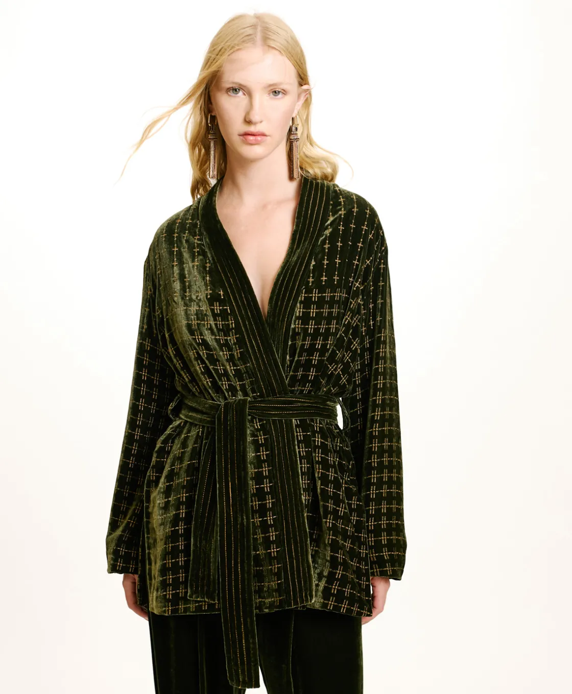 Momoni Vestes*VESTE EUGENIE EN VELOURS MÉLANGE DE SOIE BRODÉ - VERT MATCHA VertMatcha